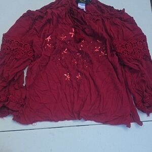 Red Boho Embroidered Sequin Peasant Blouse